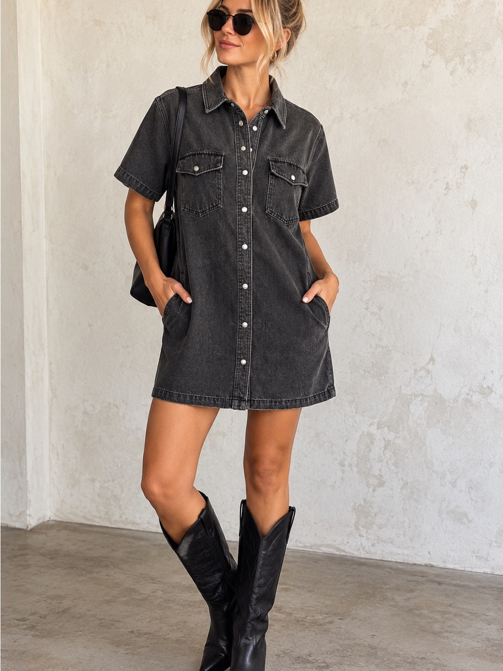 Madewell Black Wash Denim Pearl Snap Western Shirtdress Mini Dress M